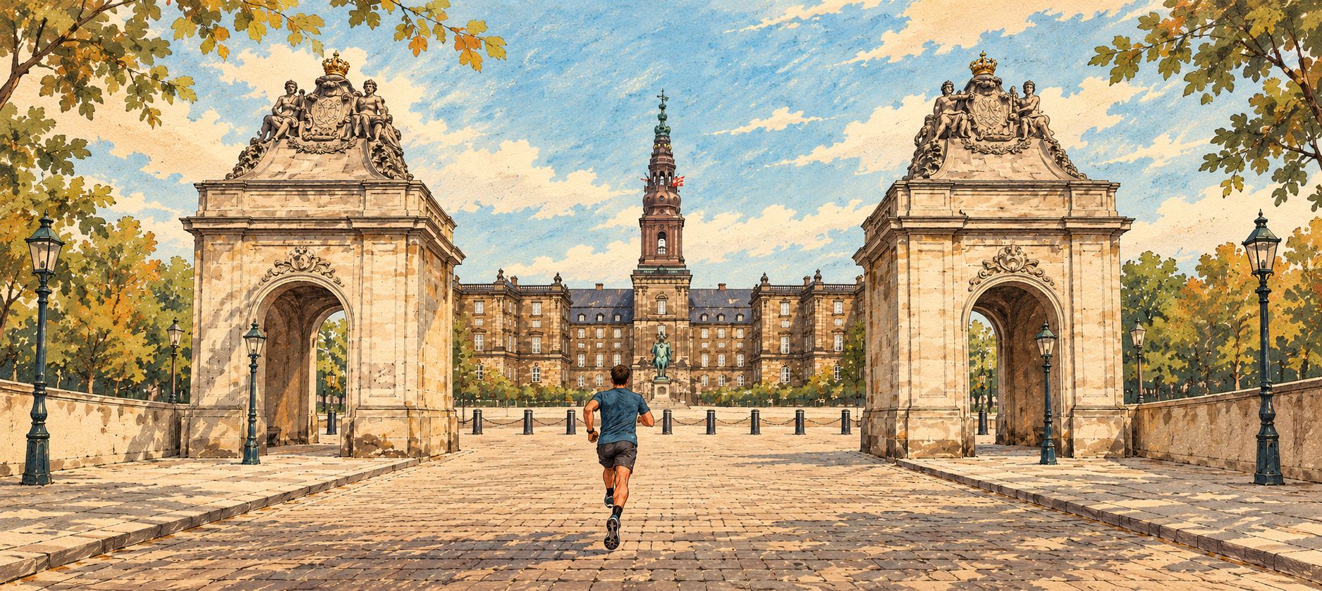 Illustration of a runner crossing the Marble Bridge between the two crowned gate pavilions, towards Christiansborg Palace in Copenhagen, on a sunny autumn day.